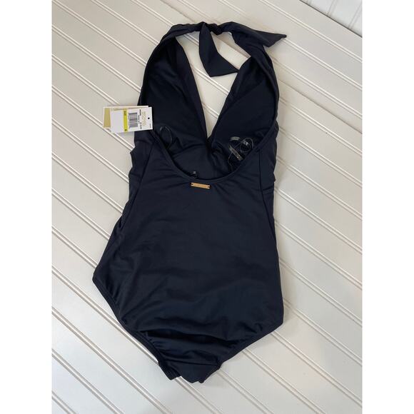 NWT Michael Kors One Piece Bathing Suit Black Twisted Front Plunged Neck Size XS - Picture 4 of 8